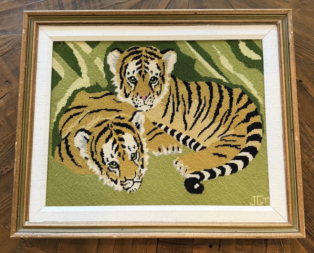 Vintage Framed Tiger Cubs Needlepoint Crewel Embroidery Wall Art 21x16 c1977